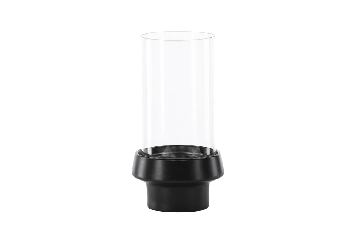 Teelichthalter Davida von Venture Home aus Steinzeug in Schwarz mit klaren Glasdetails, Grösse D: 13 cm x H: 20 cm, rundes Design.
