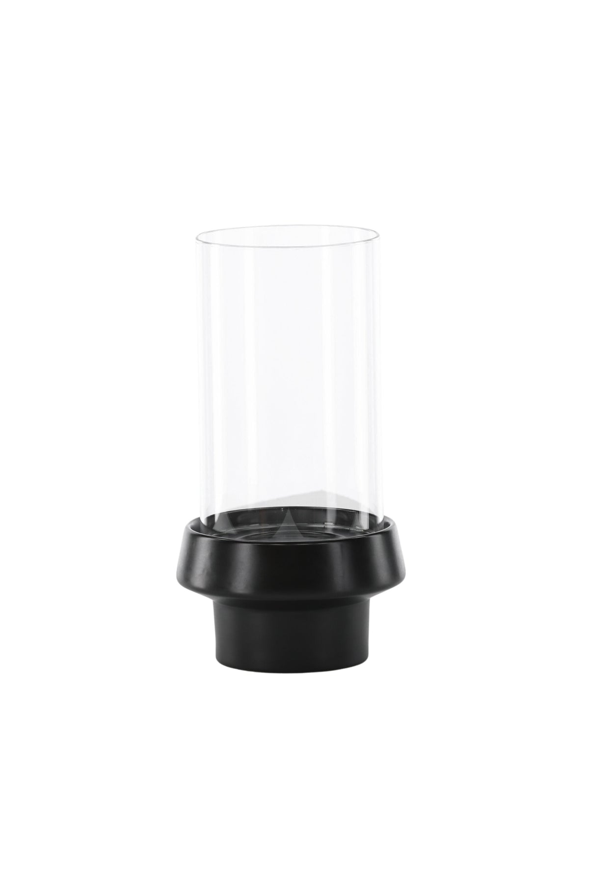 Teelichthalter Davida von Venture Home aus Steinzeug in Schwarz mit klaren Glasdetails, Grösse D: 13 cm x H: 20 cm, rundes Design.