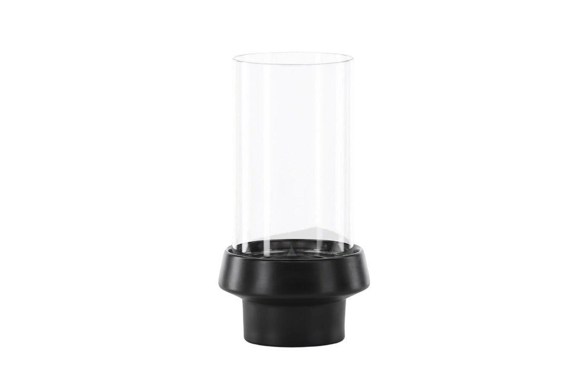 Teelichthalter Davida von Venture Home aus Steinzeug in Schwarz mit klaren Glasdetails, Grösse D: 13 cm x H: 20 cm, rundes Design.