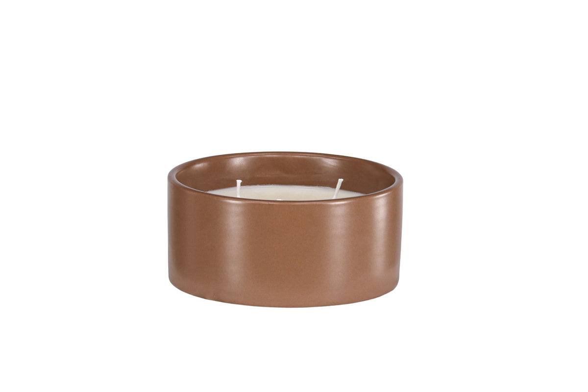Runde Duftkerze aus braunem Keramikgefäss, Durchmesser 13 cm, Höhe 6 cm, von Venture Home aus der Serie Douglas.