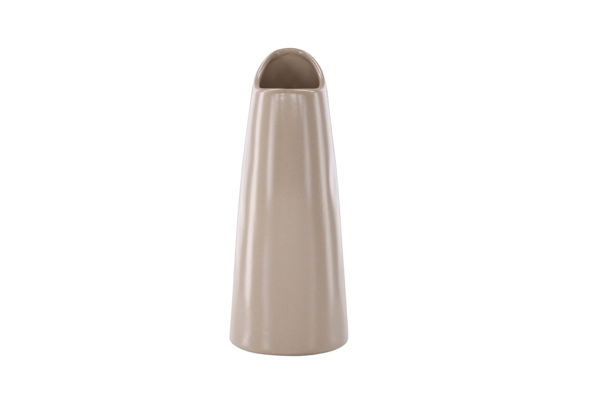Beige Steinzeug-Vase Ernst mit schwarzen Punkten und glasierter Oberfläche, schlanke Form, Höhe 23 cm.