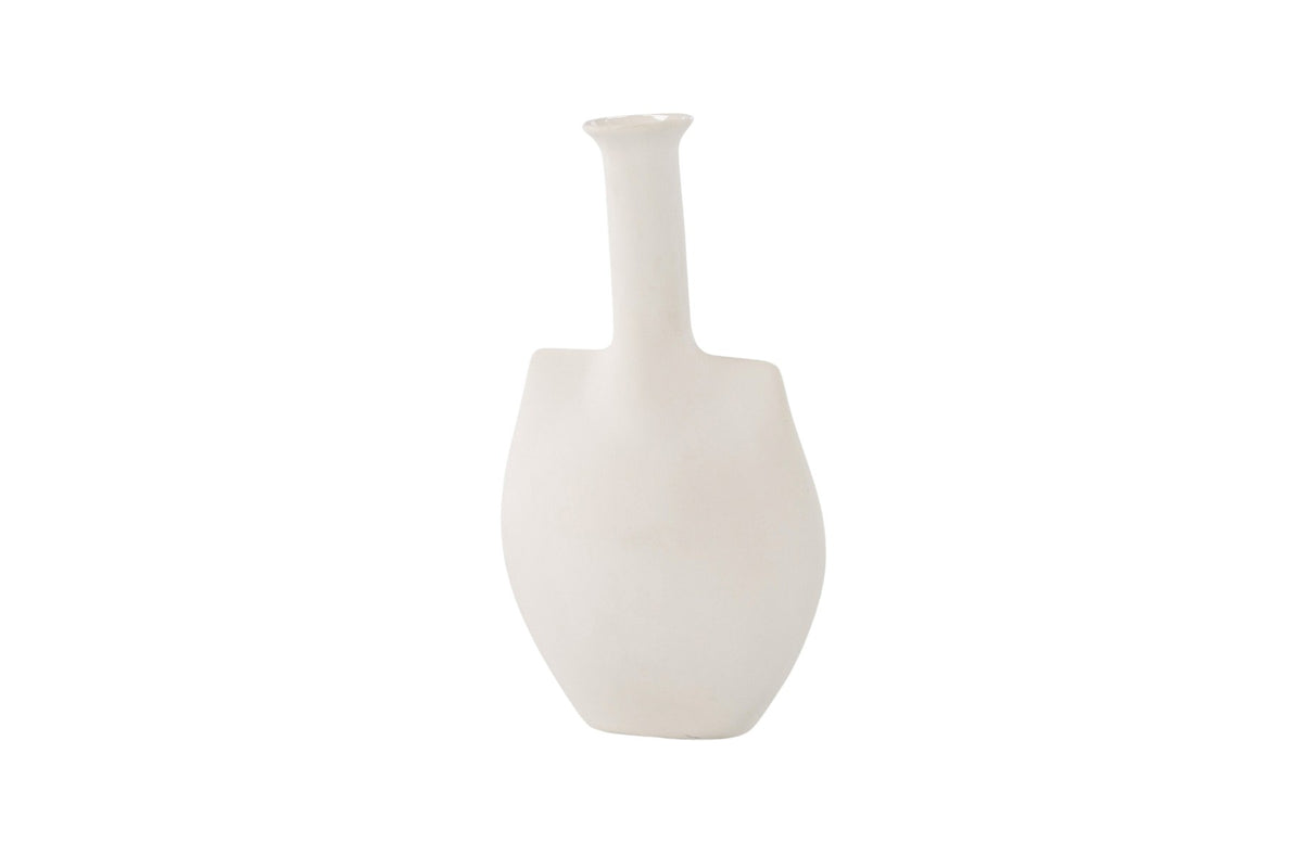 Cremefarbene Steinzeug-Vase mit schlankem, langem Hals und bauchiger Basis, Modell Madi von Venture Home, Off-White-Ton.