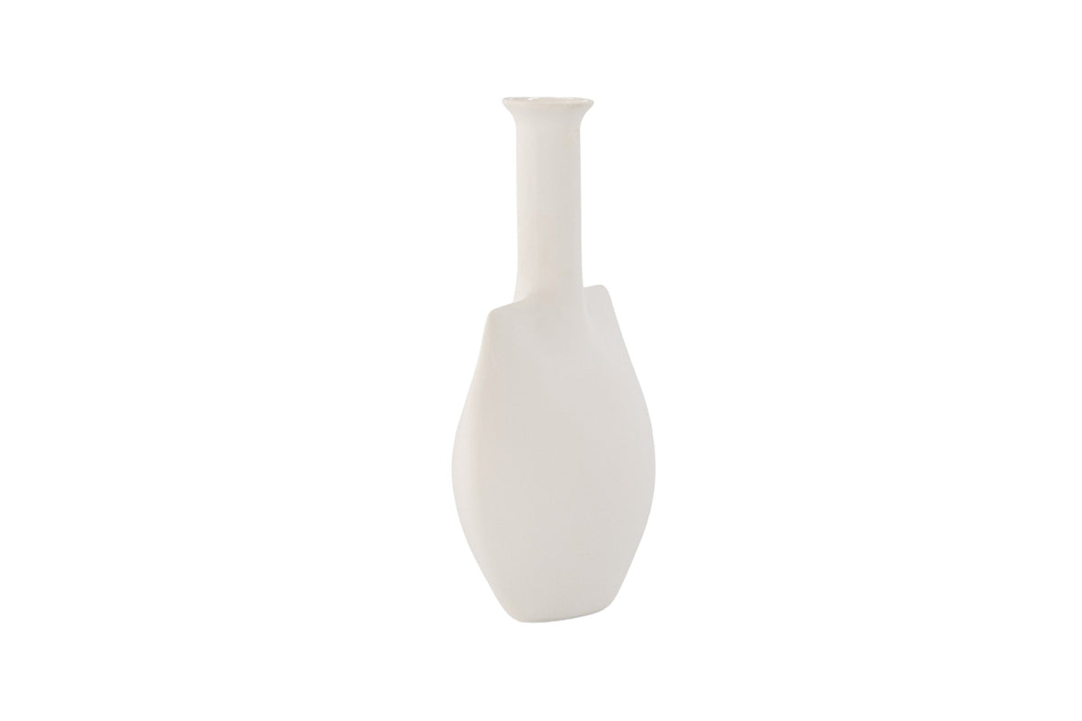 Cremefarbene Steinzeug-Vase mit schlankem, langem Hals und bauchiger Basis, Modell Madi von Venture Home, Off-White-Ton.
