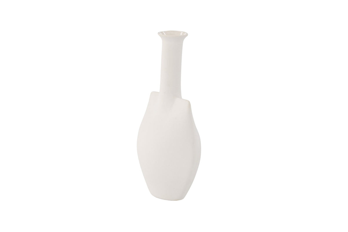 Cremefarbene Steinzeug-Vase mit schlankem, langem Hals und bauchiger Basis, Modell Madi von Venture Home, Off-White-Ton.