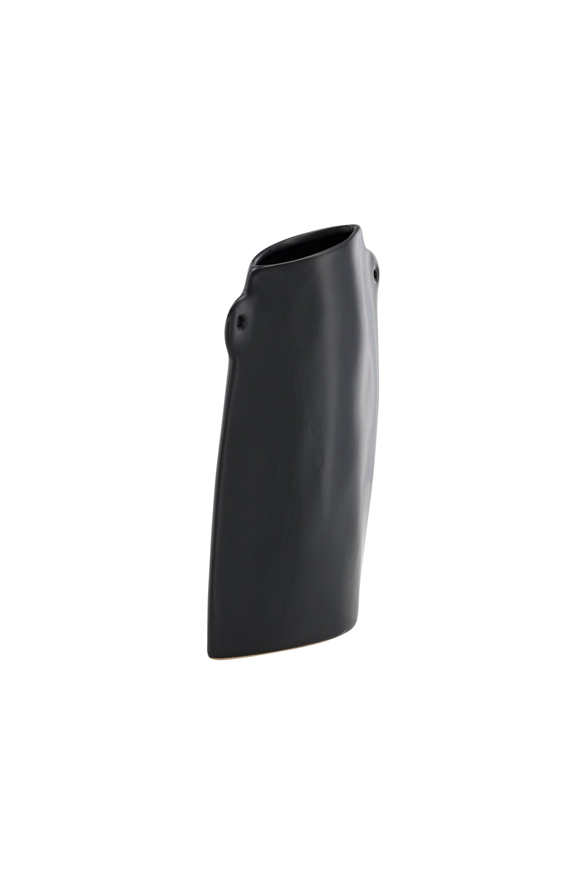 Schwarze Hie Vase von Venture Home aus Steinzeug mit schmaler Öffnung und zwei seitlichen Griffen, freigestellt fotografiert.