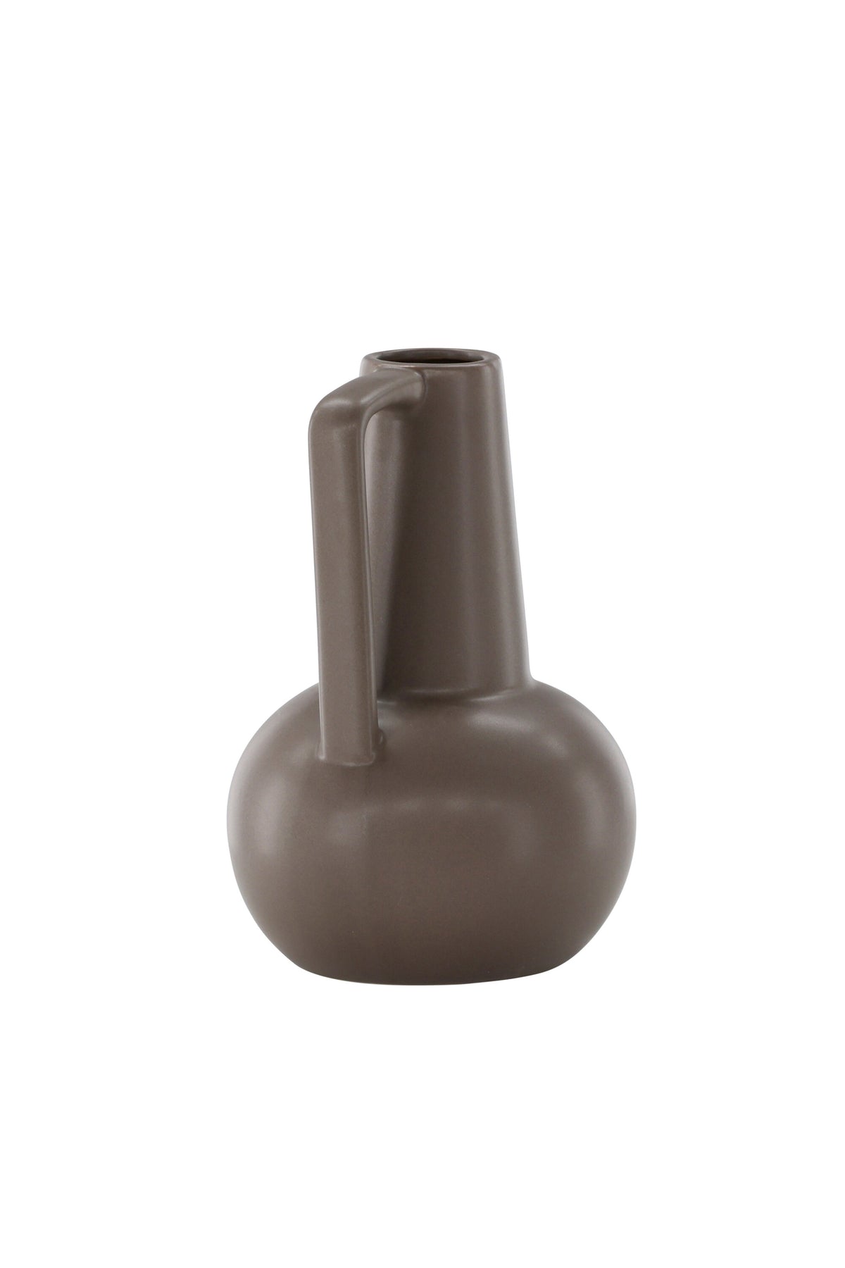 Zylindrische Vase aus Steinzeug in Beige und Schwarz mit seitlichem Griff, matte Oberfläche, Höhe 22 cm, Durchmesser 10 cm.