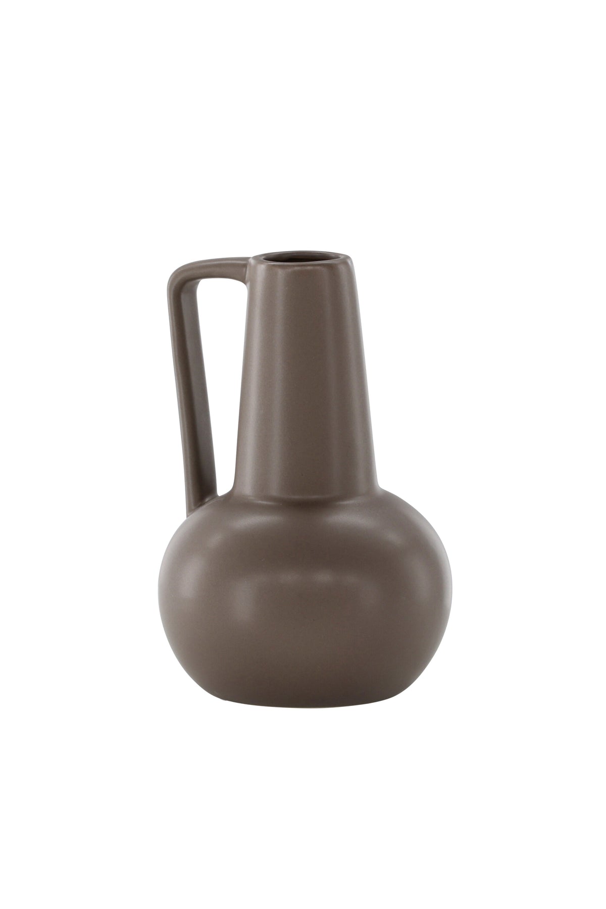 Zylindrische Vase aus Steinzeug in Beige und Schwarz mit seitlichem Griff, matte Oberfläche, Höhe 22 cm, Durchmesser 10 cm.
