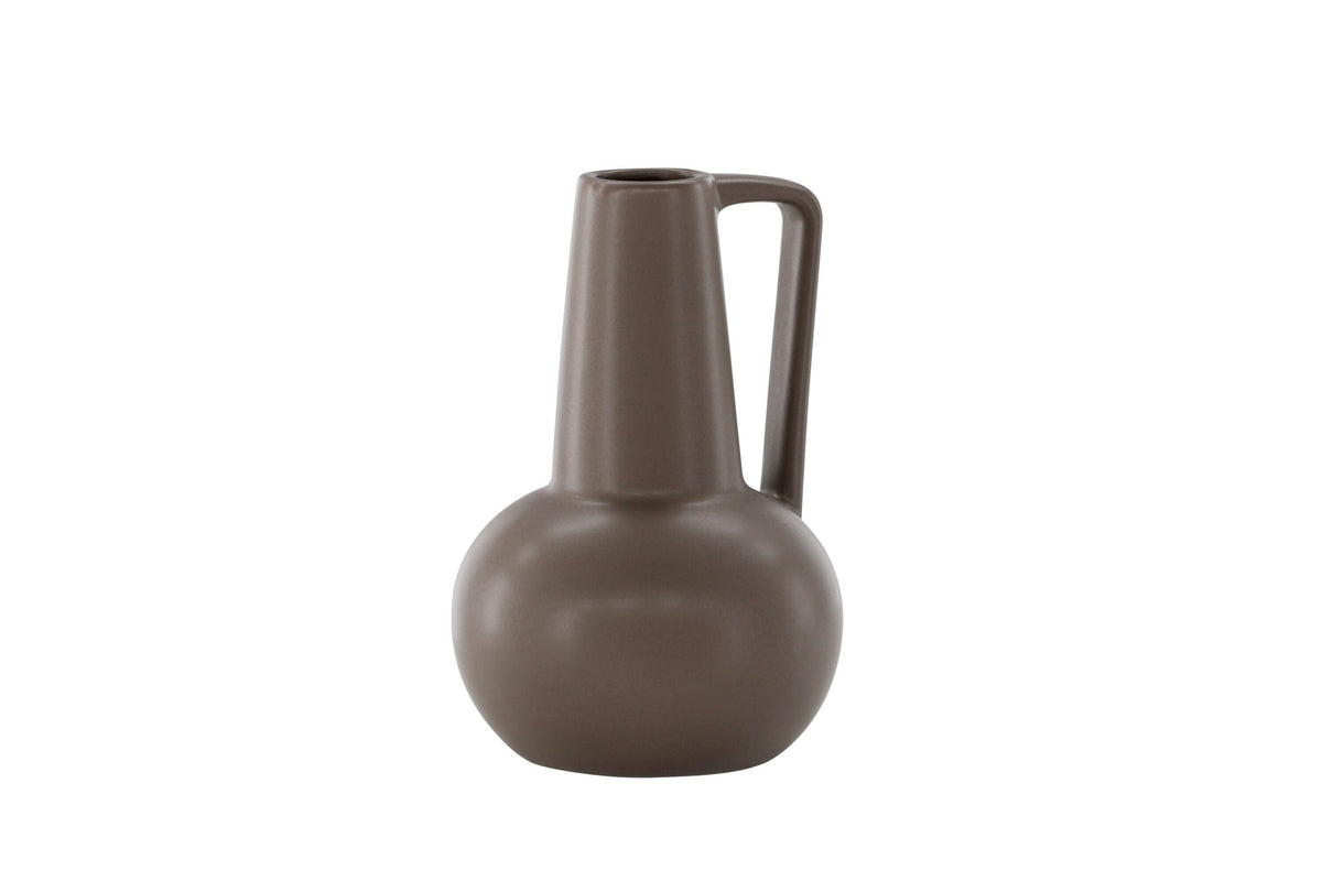 Zylindrische Vase aus Steinzeug in Beige und Schwarz mit seitlichem Griff, matte Oberfläche, Höhe 22 cm, Durchmesser 10 cm.