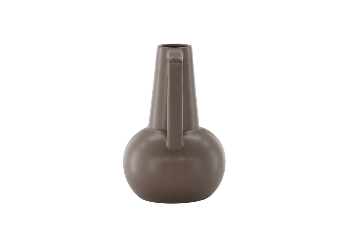 Zylindrische Vase aus Steinzeug in Beige und Schwarz mit seitlichem Griff, matte Oberfläche, Höhe 22 cm, Durchmesser 10 cm.