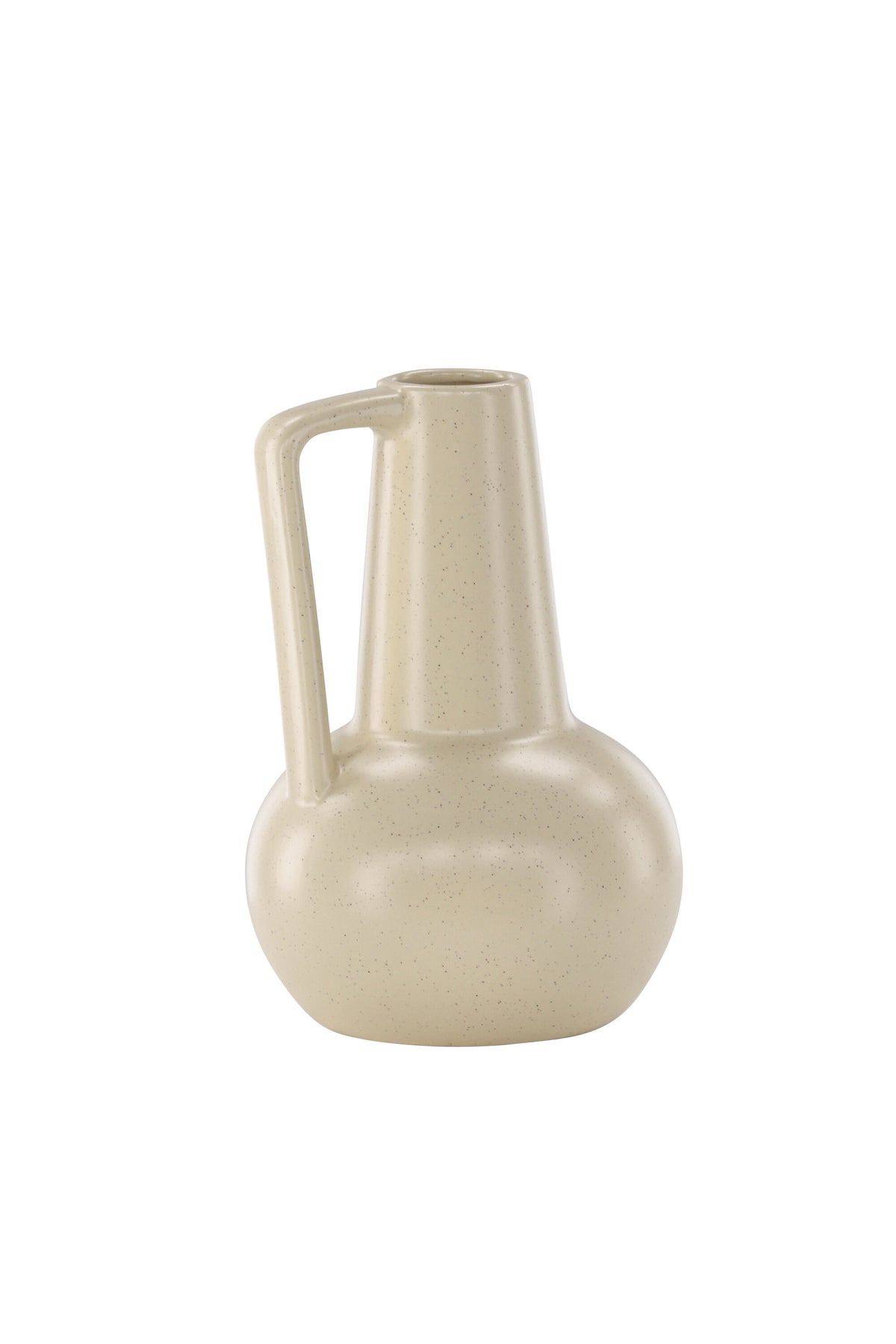 Zylindrische Vase aus Steinzeug in Beige und Schwarz mit seitlichem Griff, matte Oberfläche, Höhe 22 cm, Durchmesser 10 cm.