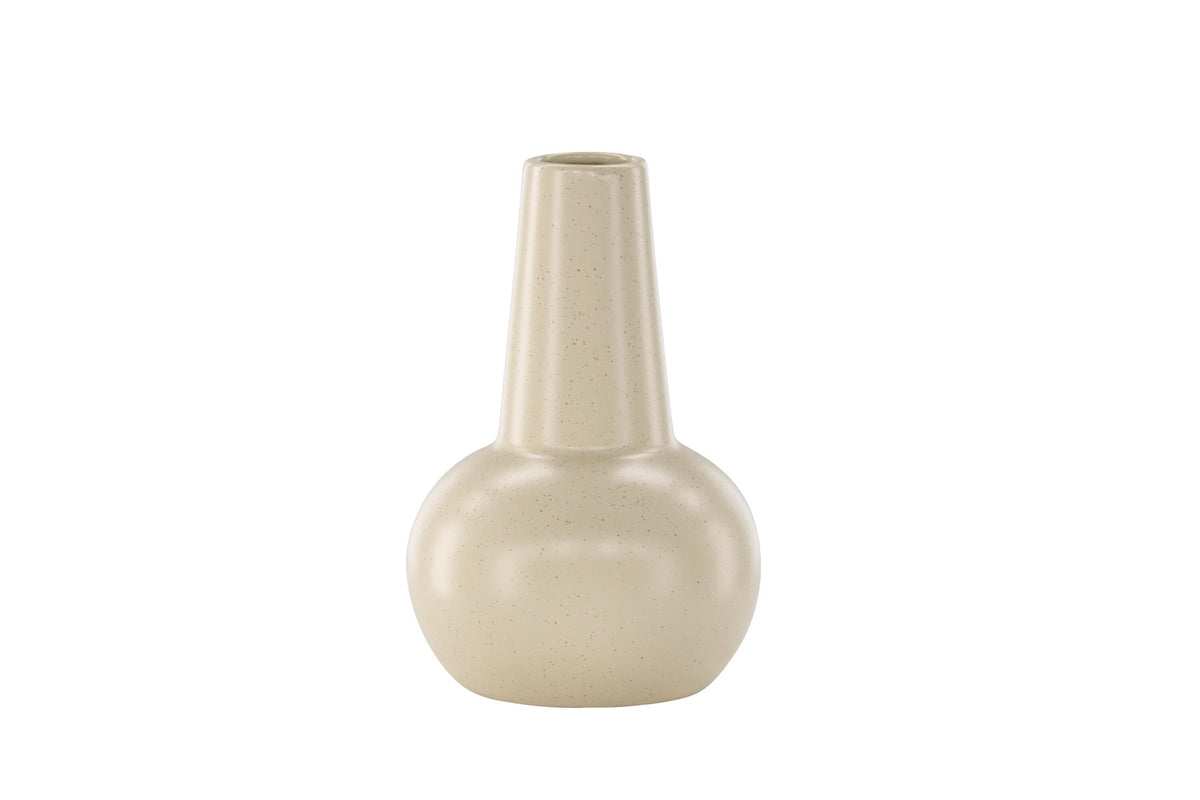 Zylindrische Vase aus Steinzeug in Beige und Schwarz mit seitlichem Griff, matte Oberfläche, Höhe 22 cm, Durchmesser 10 cm.