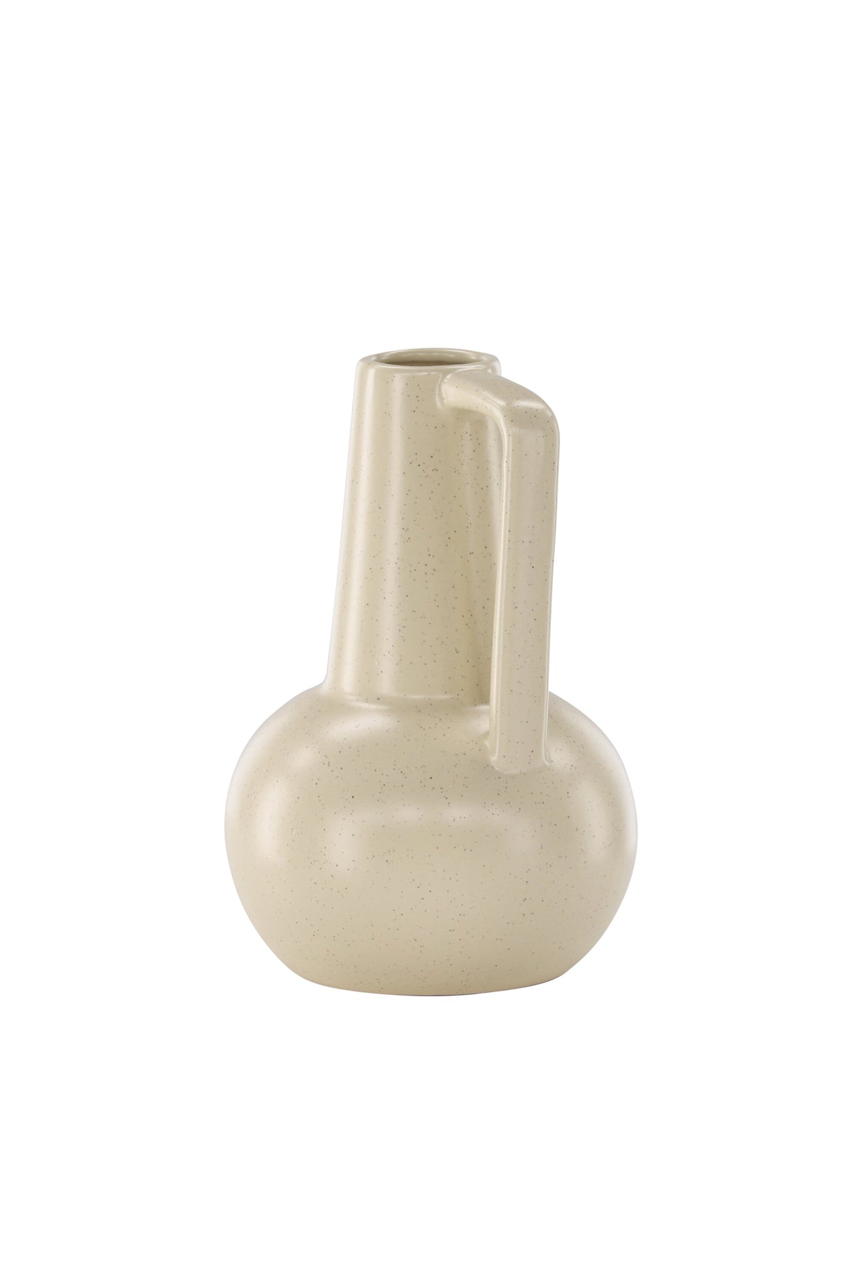 Zylindrische Vase aus Steinzeug in Beige und Schwarz mit seitlichem Griff, matte Oberfläche, Höhe 22 cm, Durchmesser 10 cm.
