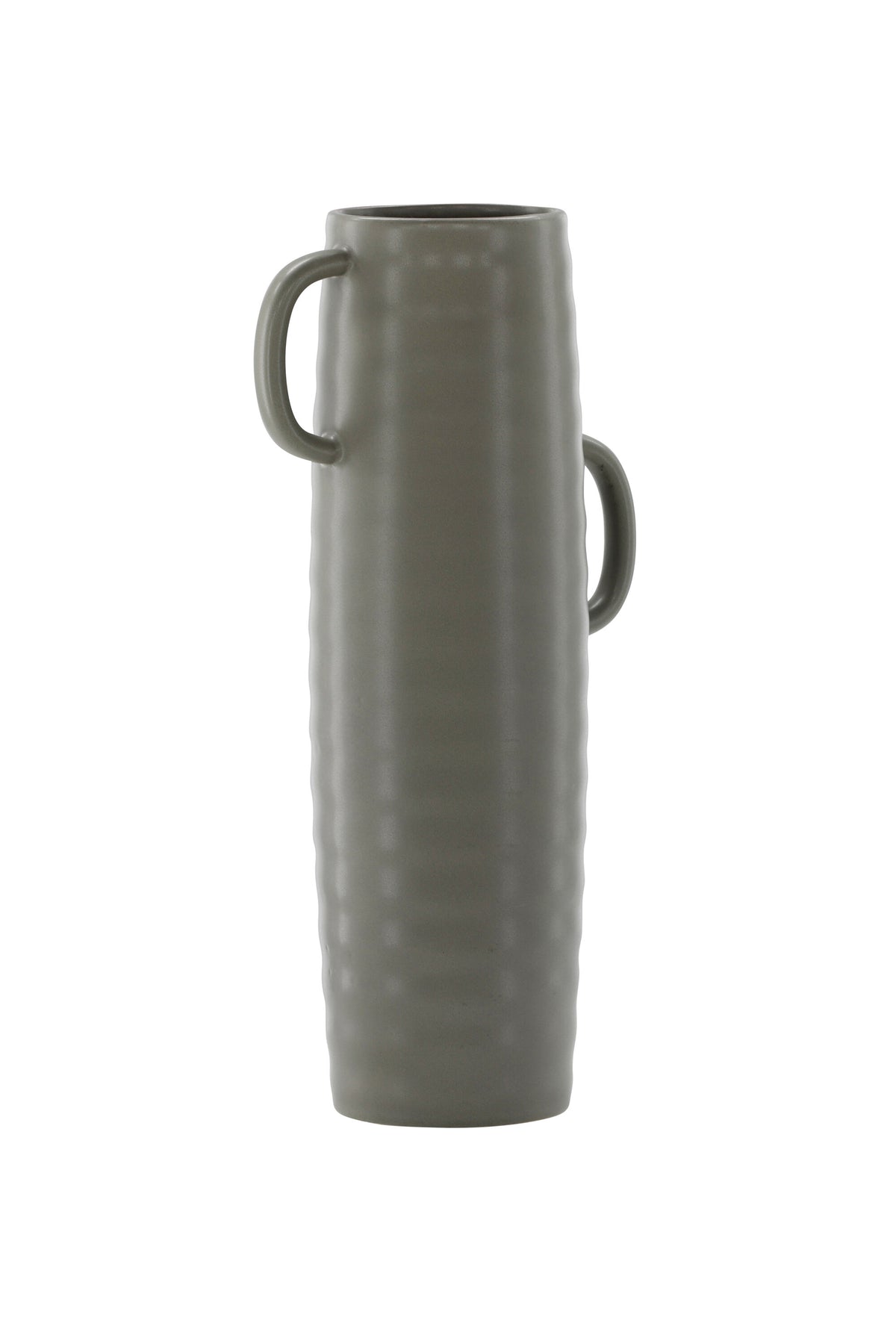 Beige Cent Vase von Venture Home aus Steinzeug mit wellenförmiger Struktur und zwei asymmetrisch angebrachten Griffen an den Seiten.