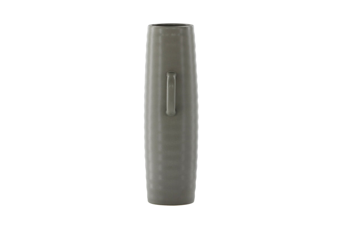 Beige Cent Vase von Venture Home aus Steinzeug mit wellenförmiger Struktur und zwei asymmetrisch angebrachten Griffen an den Seiten.