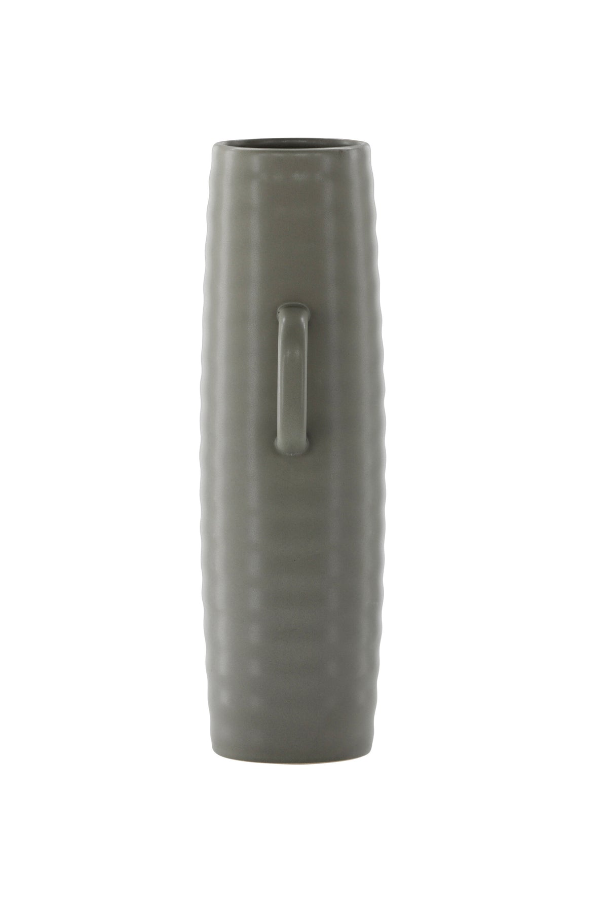 Beige Cent Vase von Venture Home aus Steinzeug mit wellenförmiger Struktur und zwei asymmetrisch angebrachten Griffen an den Seiten.