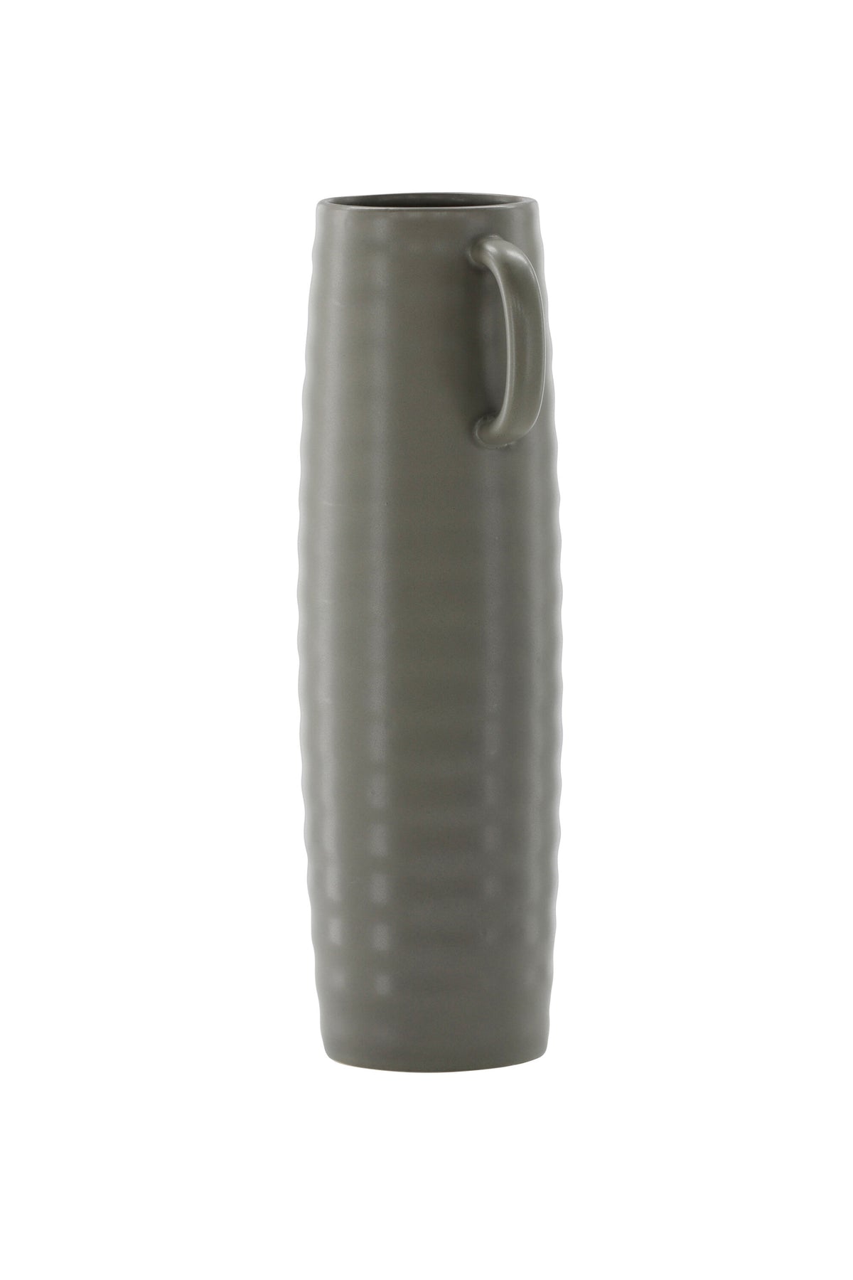 Beige Cent Vase von Venture Home aus Steinzeug mit wellenförmiger Struktur und zwei asymmetrisch angebrachten Griffen an den Seiten.