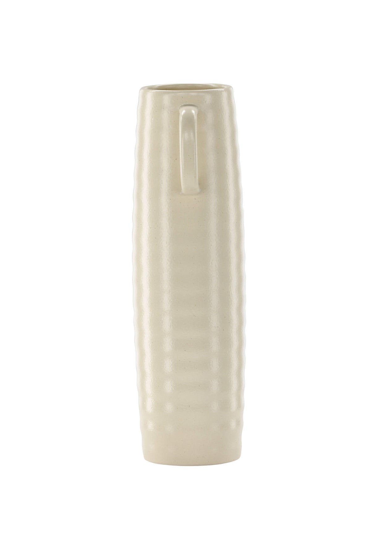 Beige Cent Vase von Venture Home aus Steinzeug mit wellenförmiger Struktur und zwei asymmetrisch angebrachten Griffen an den Seiten.