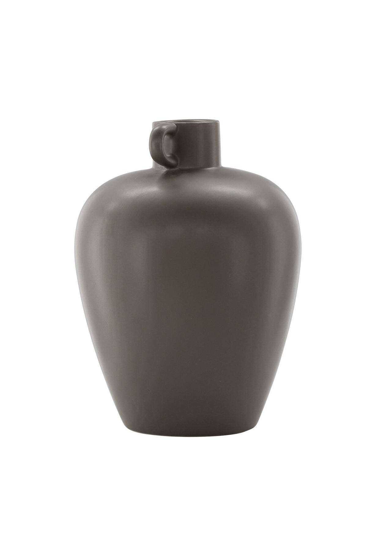 Beige Cent Vase von Venture Home aus Steinzeug mit wellenförmiger Struktur und zwei asymmetrisch angebrachten Griffen an den Seiten.