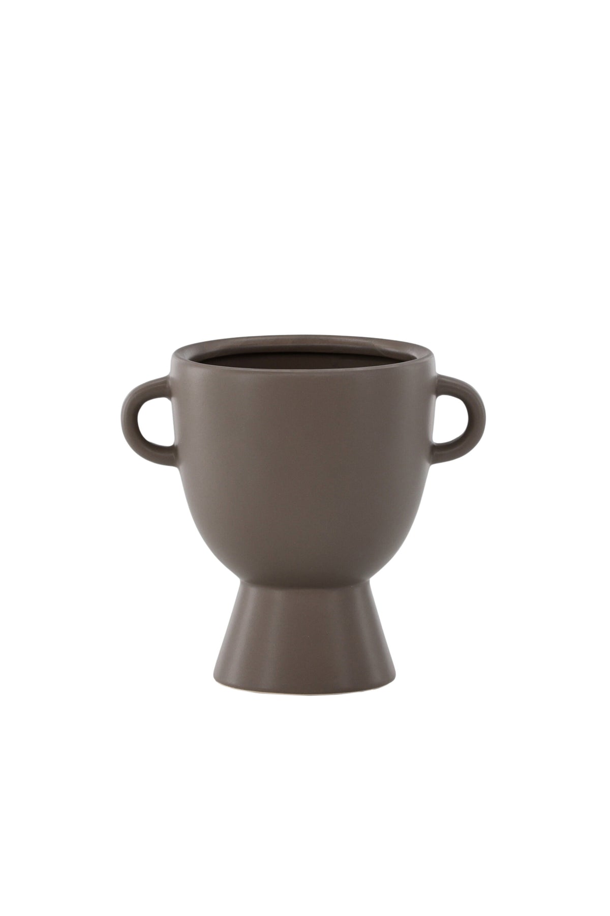 Beige Cent Vase von Venture Home aus Steinzeug mit wellenförmiger Struktur und zwei asymmetrisch angebrachten Griffen an den Seiten.