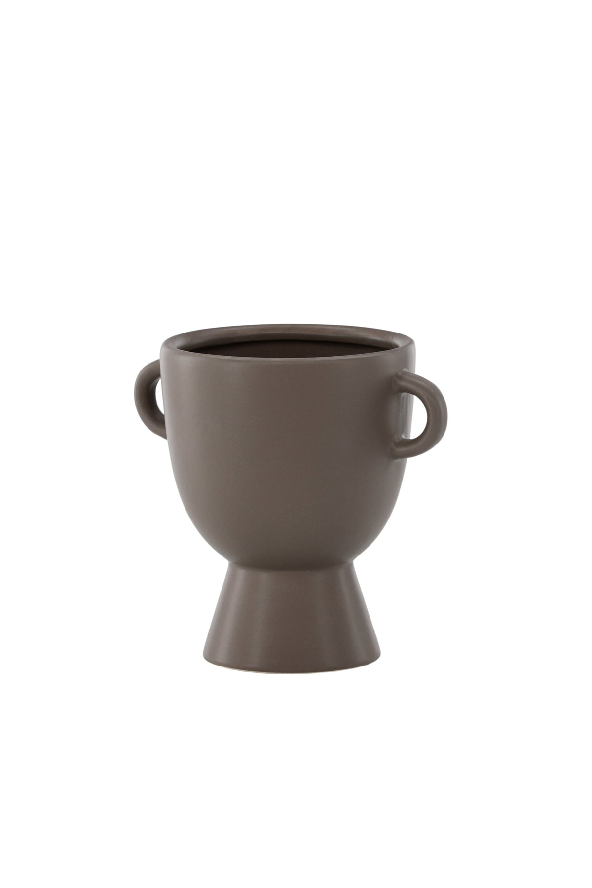 Beige Cent Vase von Venture Home aus Steinzeug mit wellenförmiger Struktur und zwei asymmetrisch angebrachten Griffen an den Seiten.