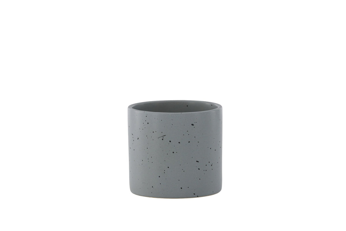 Schwarz-dunkelgraue Vase Sane aus Steinzeug mit gepunktetem Muster, rundlicher Form, Durchmesser 11 cm und Höhe 10 cm.