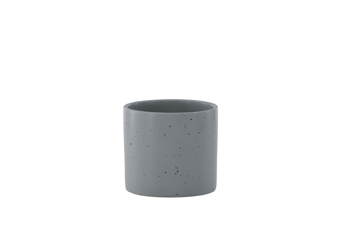 Schwarz-dunkelgraue Vase Sane aus Steinzeug mit gepunktetem Muster, rundlicher Form, Durchmesser 11 cm und Höhe 10 cm.