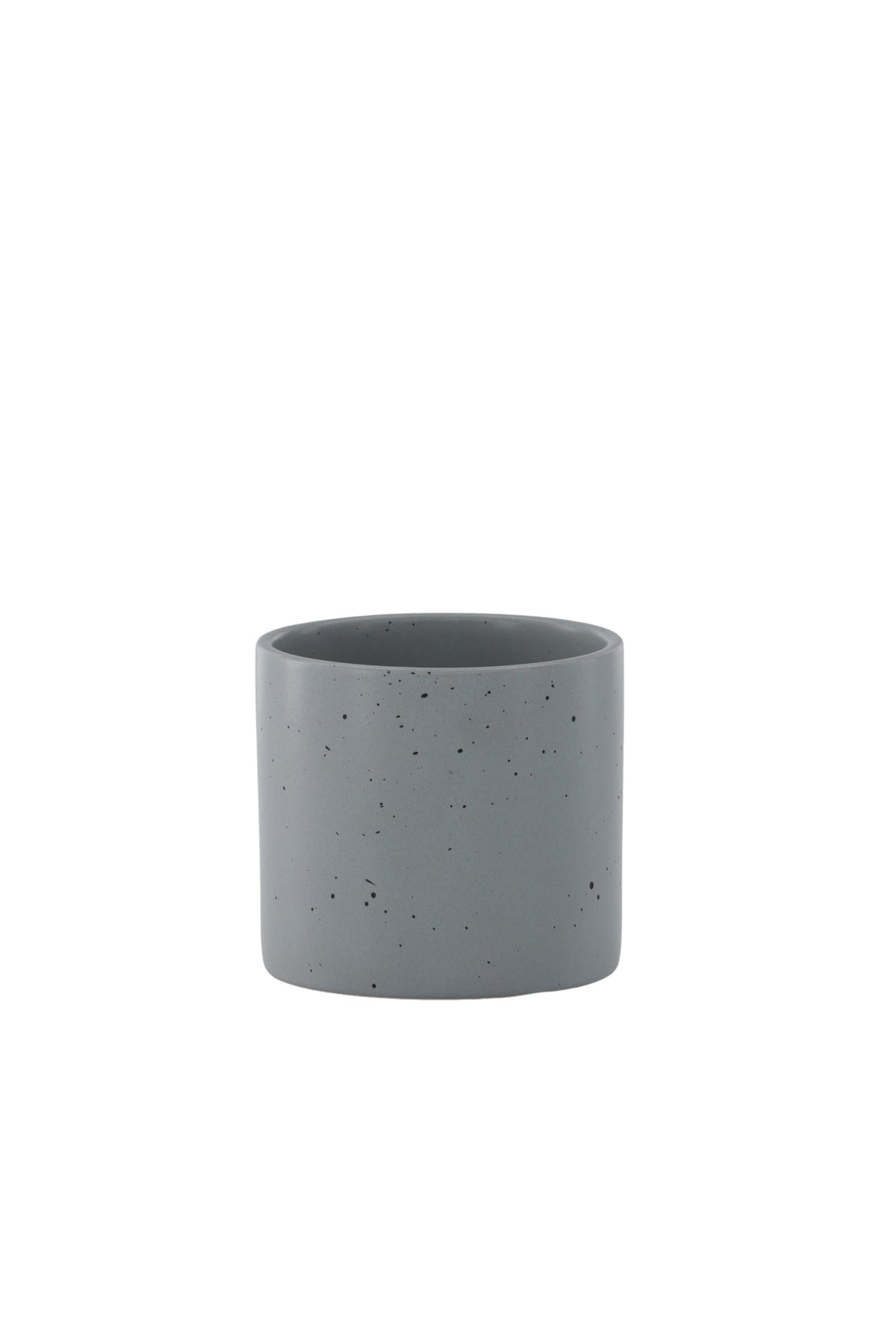 Schwarz-dunkelgraue Vase Sane aus Steinzeug mit gepunktetem Muster, rundlicher Form, Durchmesser 11 cm und Höhe 10 cm.