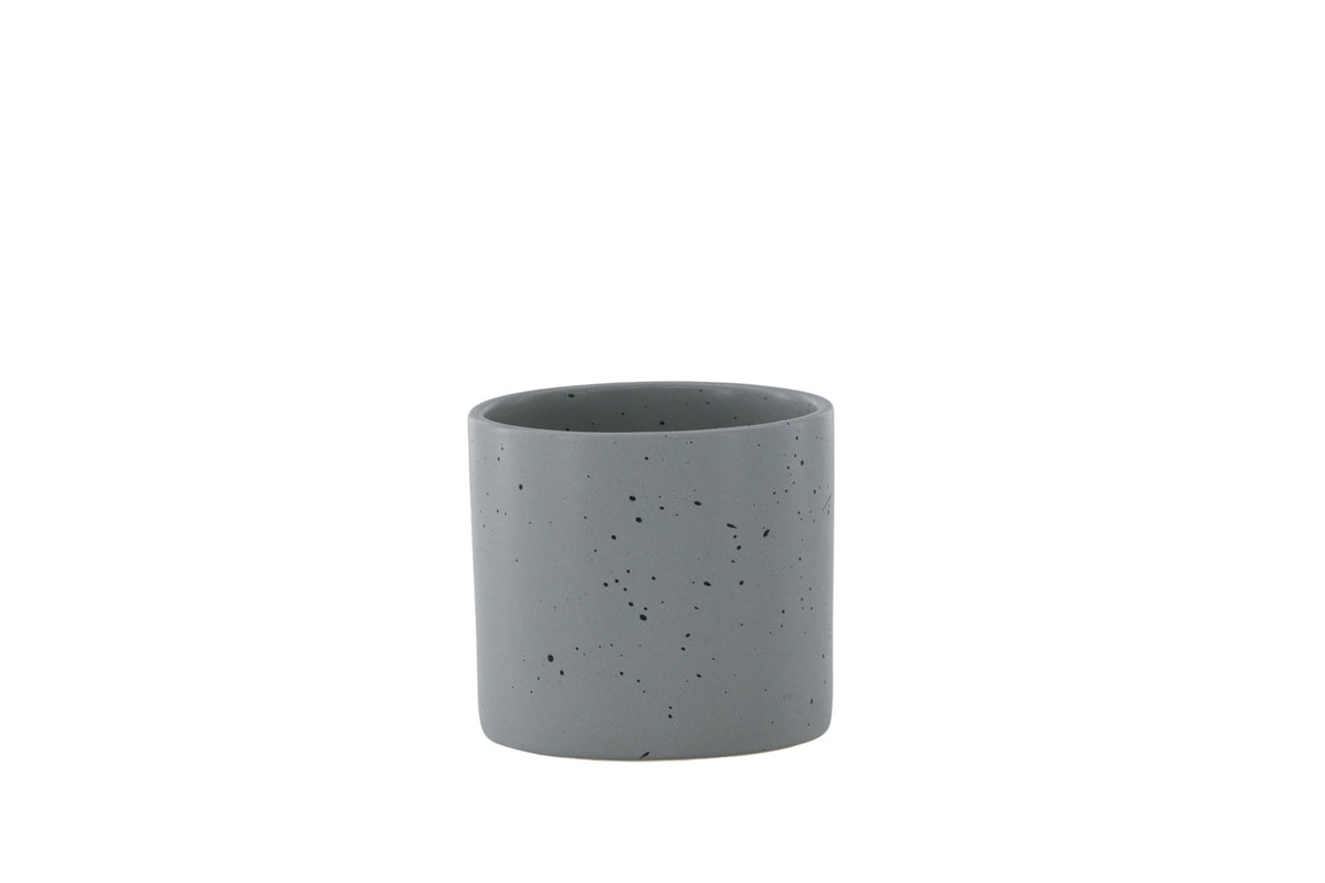 Schwarz-dunkelgraue Vase Sane aus Steinzeug mit gepunktetem Muster, rundlicher Form, Durchmesser 11 cm und Höhe 10 cm.