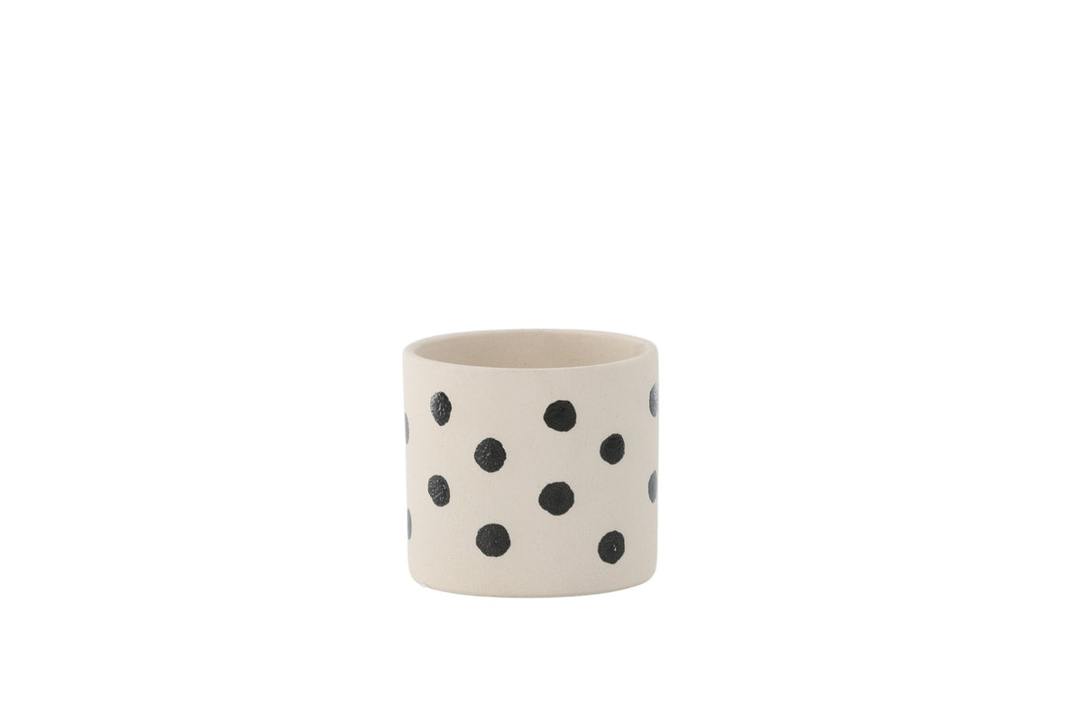Schwarz-dunkelgraue Vase Sane aus Steinzeug mit gepunktetem Muster, rundlicher Form, Durchmesser 11 cm und Höhe 10 cm.