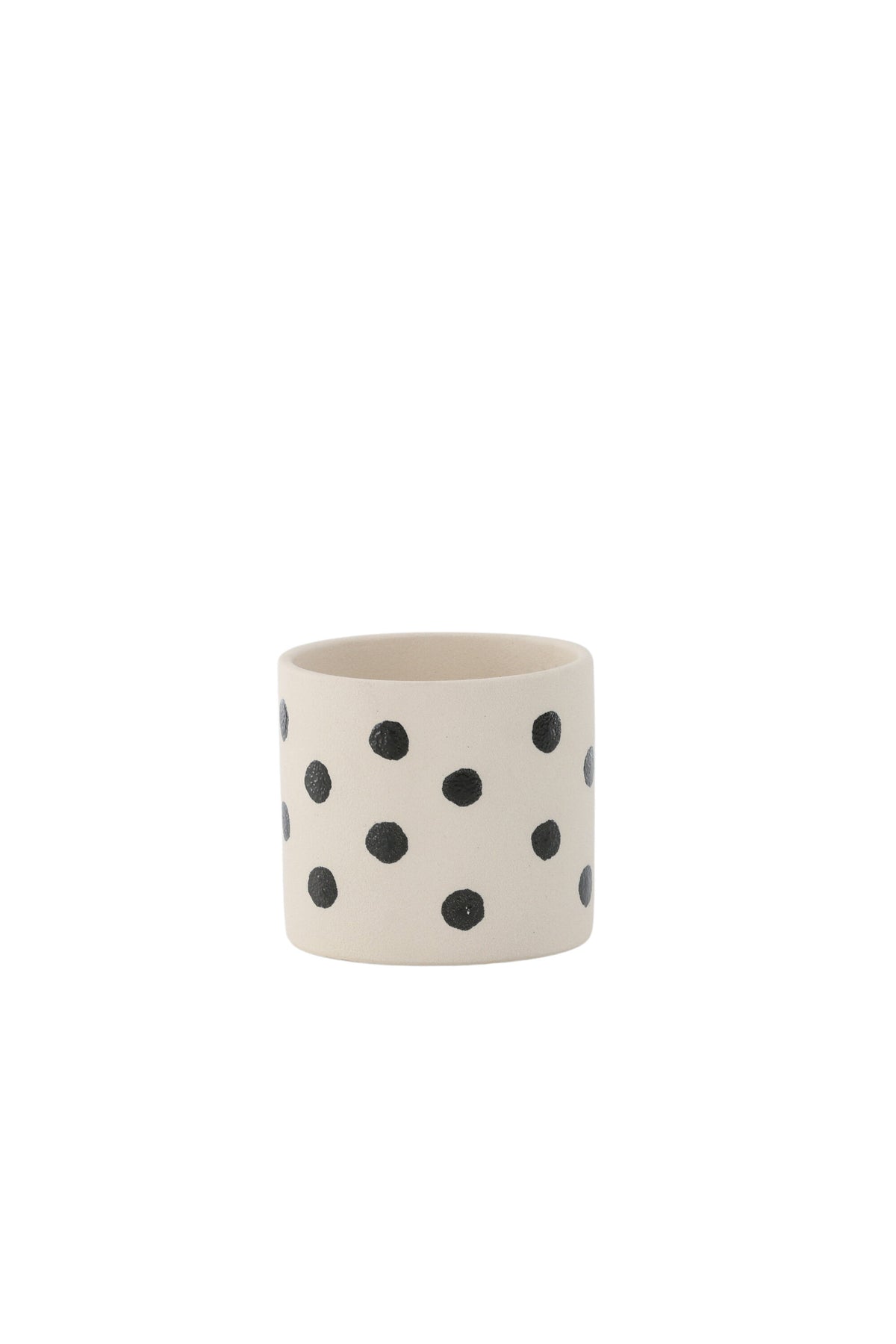 Schwarz-dunkelgraue Vase Sane aus Steinzeug mit gepunktetem Muster, rundlicher Form, Durchmesser 11 cm und Höhe 10 cm.