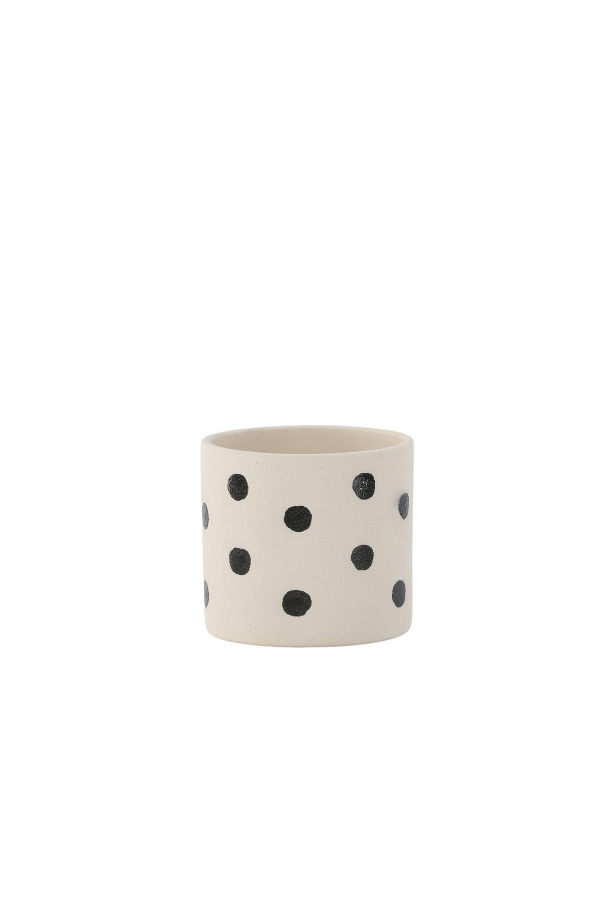 Schwarz-dunkelgraue Vase Sane aus Steinzeug mit gepunktetem Muster, rundlicher Form, Durchmesser 11 cm und Höhe 10 cm.