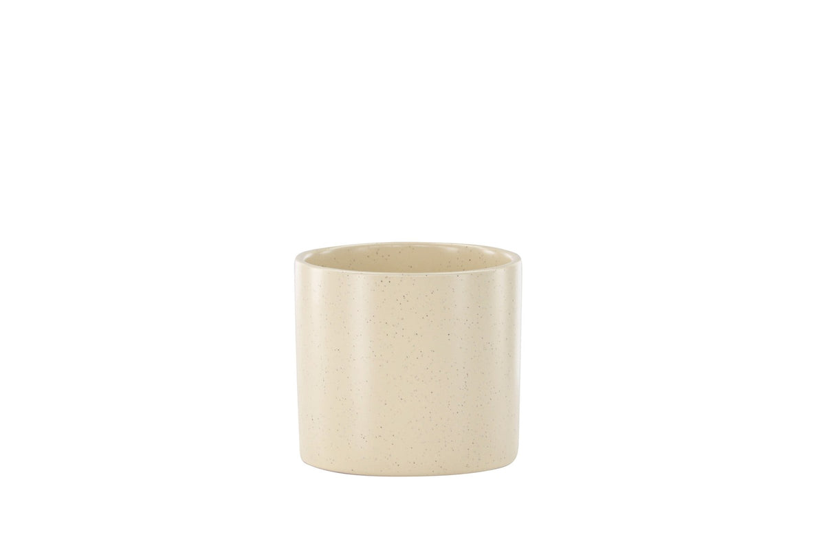 Schwarz-dunkelgraue Vase Sane aus Steinzeug mit gepunktetem Muster, rundlicher Form, Durchmesser 11 cm und Höhe 10 cm.