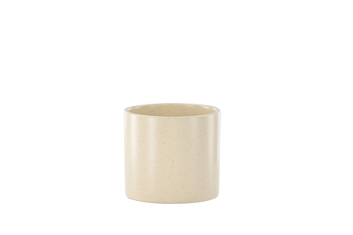 Schwarz-dunkelgraue Vase Sane aus Steinzeug mit gepunktetem Muster, rundlicher Form, Durchmesser 11 cm und Höhe 10 cm.