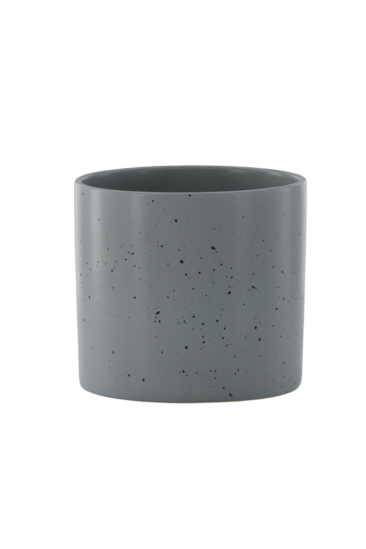 Schwarz-dunkelgraue Vase Sane aus Steinzeug mit gepunktetem Muster, rundlicher Form, Durchmesser 11 cm und Höhe 10 cm.