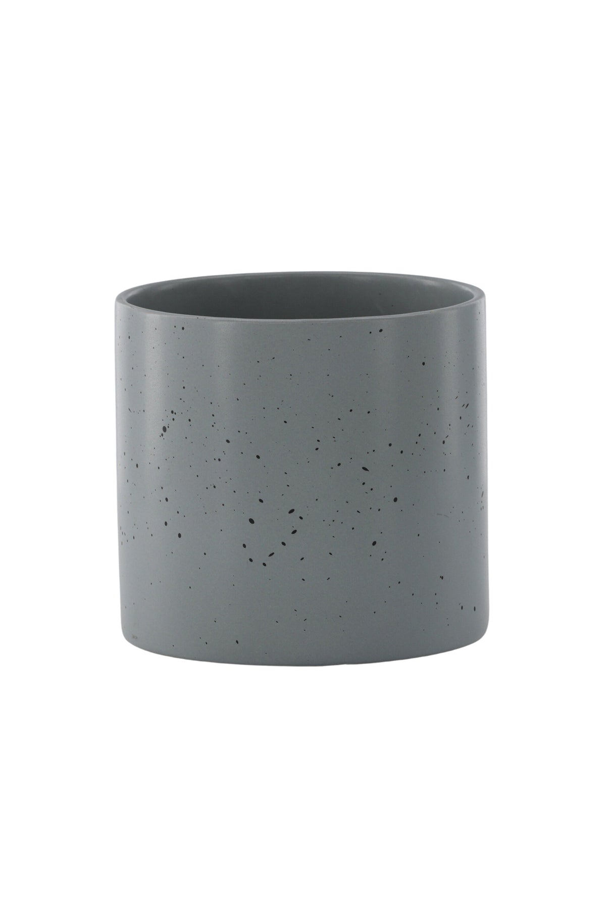Schwarz-dunkelgraue Vase Sane aus Steinzeug mit gepunktetem Muster, rundlicher Form, Durchmesser 11 cm und Höhe 10 cm.