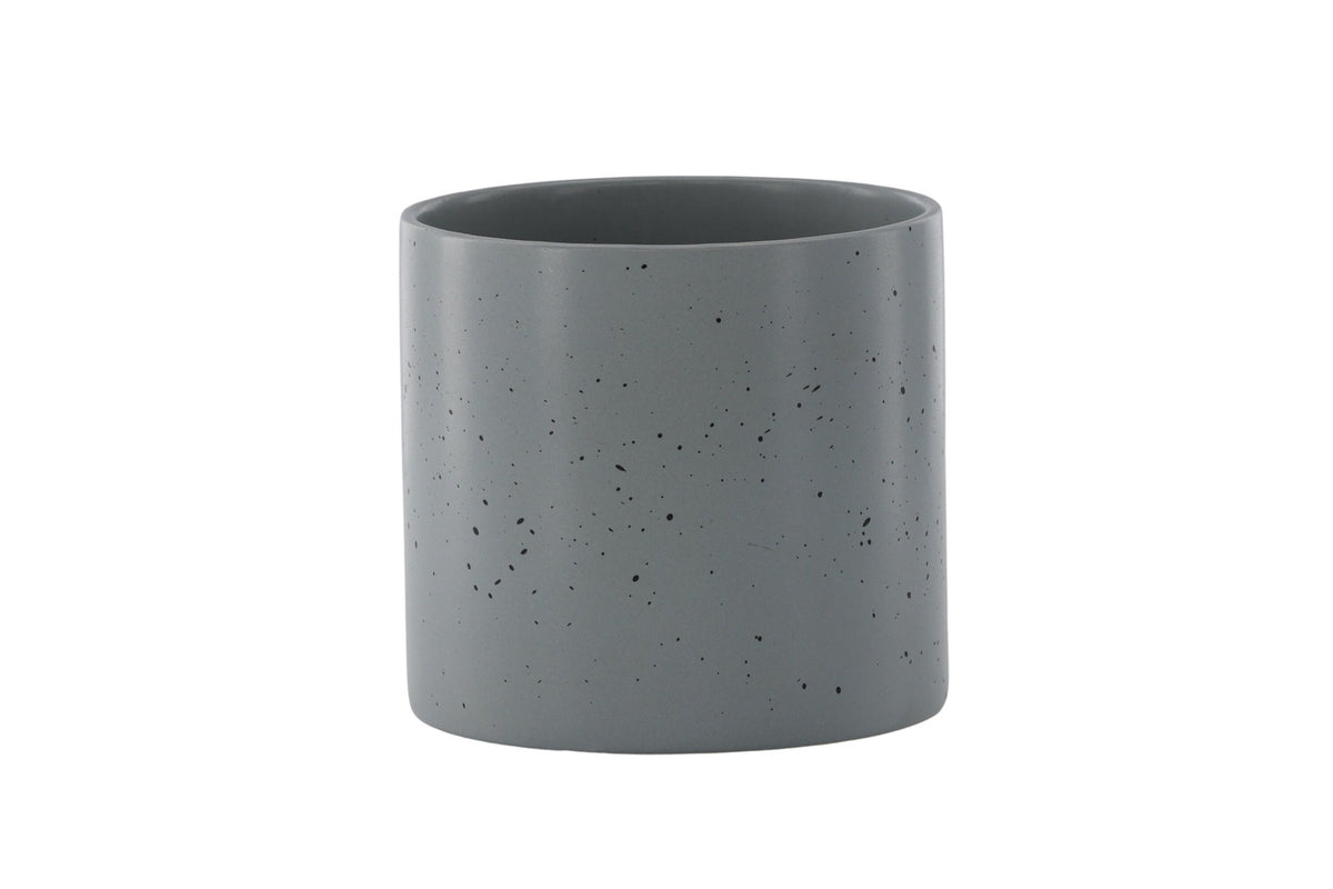 Schwarz-dunkelgraue Vase Sane aus Steinzeug mit gepunktetem Muster, rundlicher Form, Durchmesser 11 cm und Höhe 10 cm.