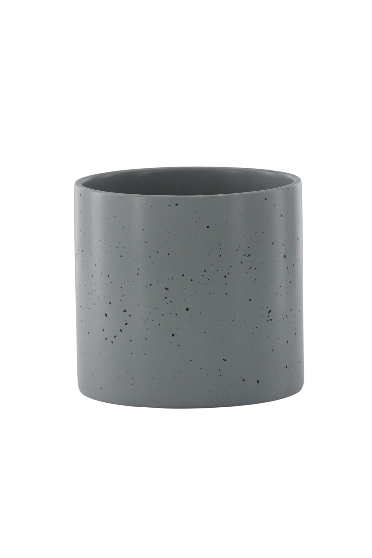 Schwarz-dunkelgraue Vase Sane aus Steinzeug mit gepunktetem Muster, rundlicher Form, Durchmesser 11 cm und Höhe 10 cm.