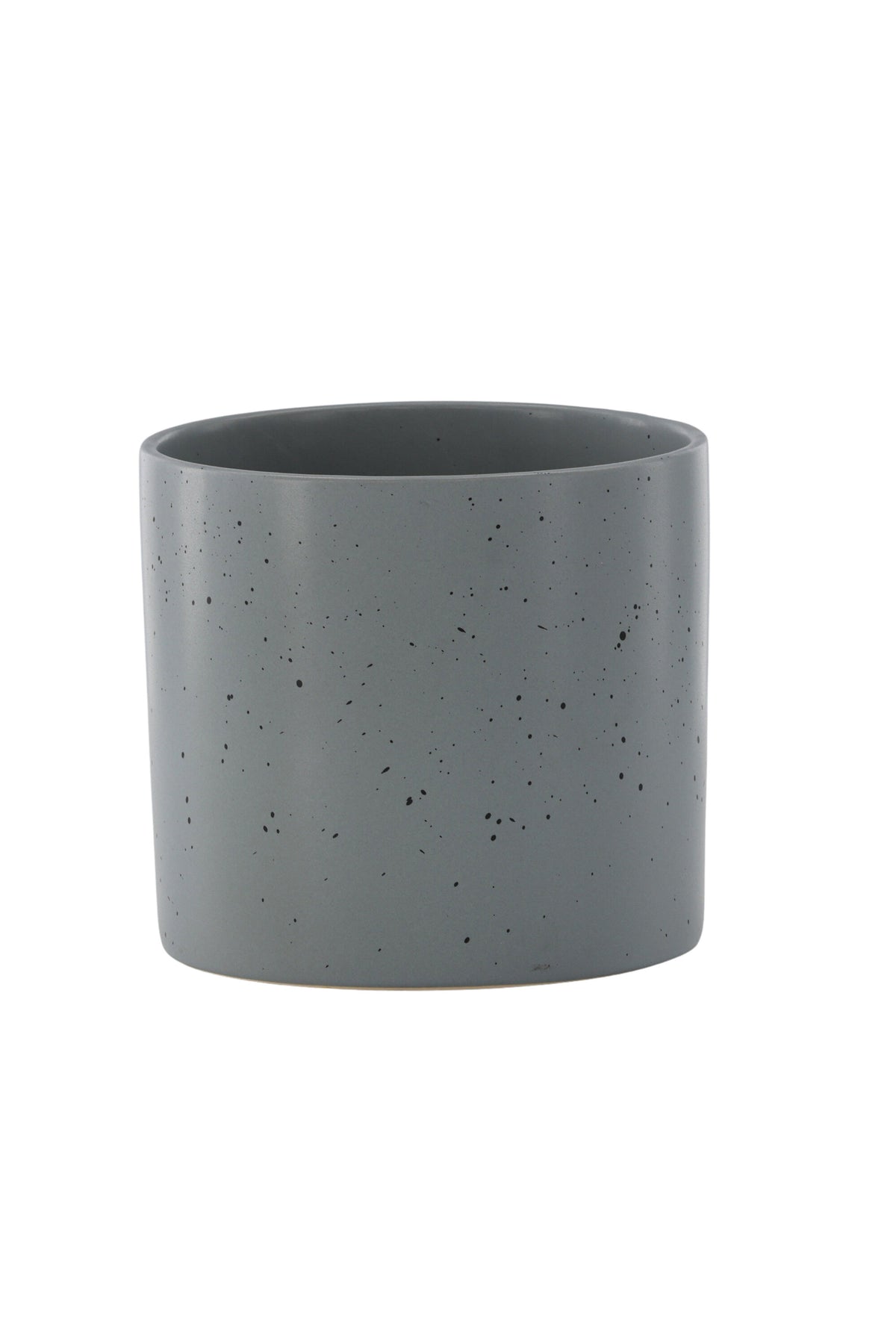 Schwarz-dunkelgraue Vase Sane aus Steinzeug mit gepunktetem Muster, rundlicher Form, Durchmesser 11 cm und Höhe 10 cm.