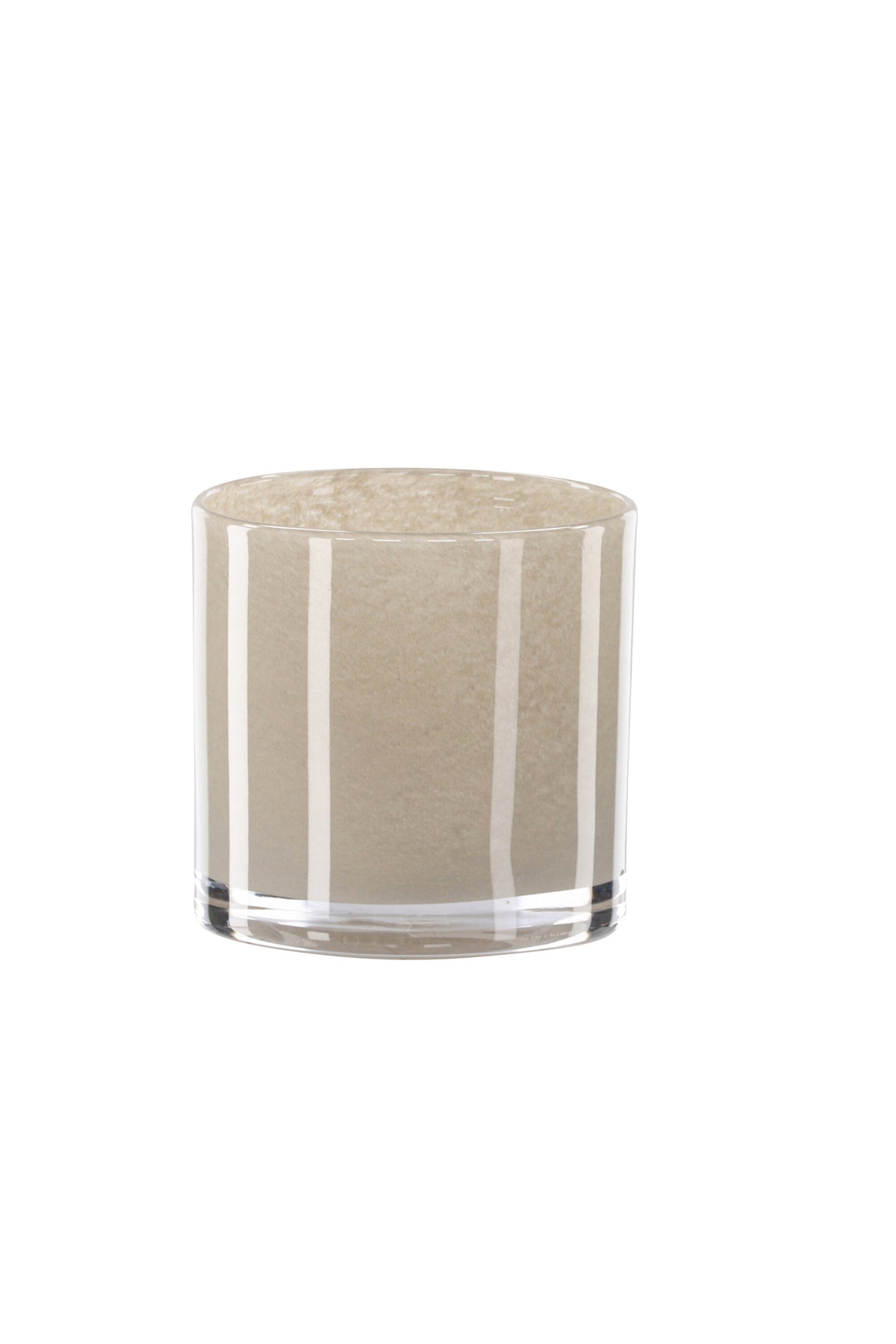 Weisser runder Teelichthalter Glora aus Glas, Durchmesser 8 cm, Höhe 8 cm, schlichte, transparente Oberfläche mit dünner Wandstärke.