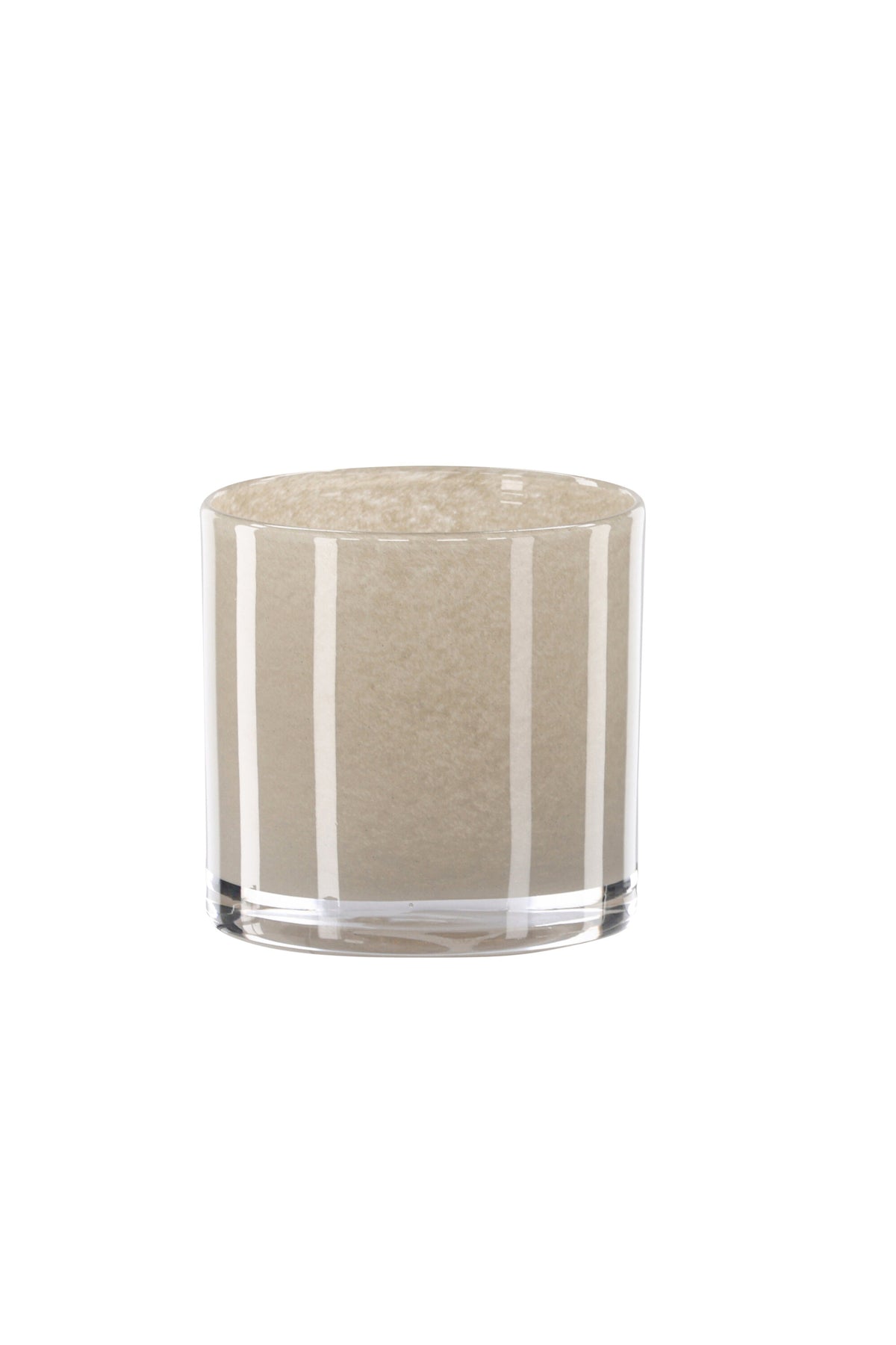 Weisser runder Teelichthalter Glora aus Glas, Durchmesser 8 cm, Höhe 8 cm, schlichte, transparente Oberfläche mit dünner Wandstärke.