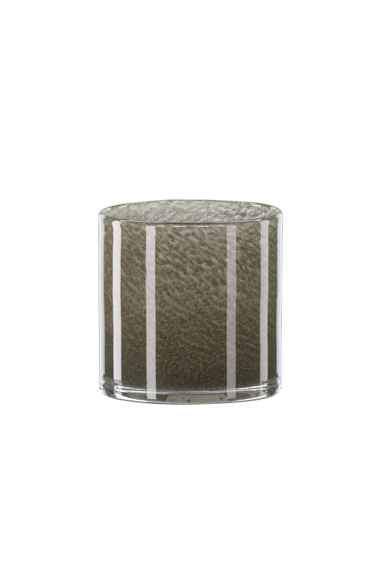 Weisser runder Teelichthalter Glora aus Glas, Durchmesser 8 cm, Höhe 8 cm, schlichte, transparente Oberfläche mit dünner Wandstärke.