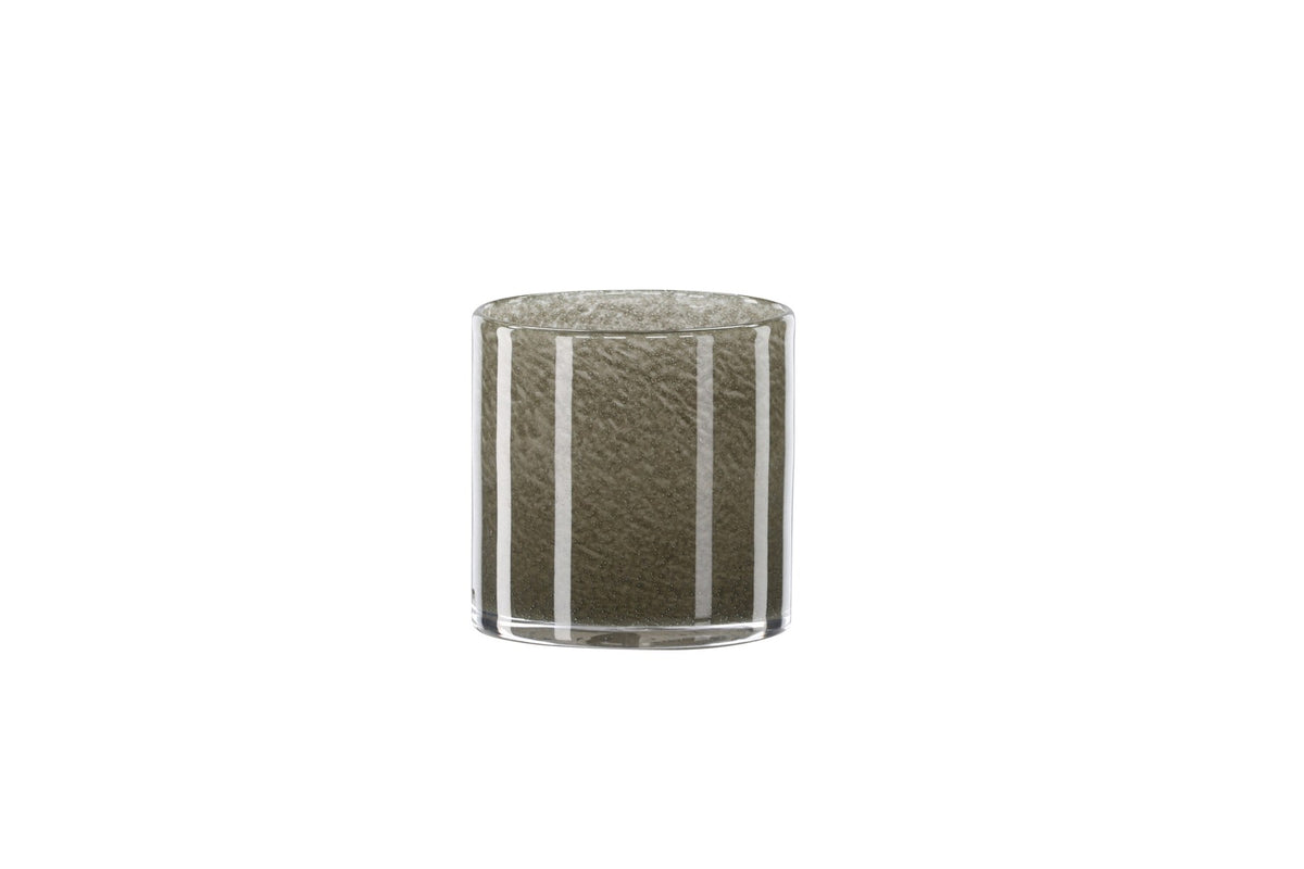 Weisser runder Teelichthalter Glora aus Glas, Durchmesser 8 cm, Höhe 8 cm, schlichte, transparente Oberfläche mit dünner Wandstärke.