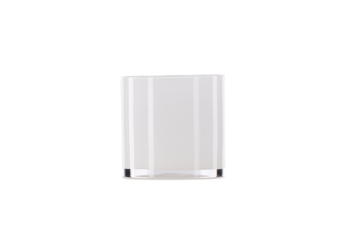 Weisser runder Teelichthalter Glora aus Glas, Durchmesser 8 cm, Höhe 8 cm, schlichte, transparente Oberfläche mit dünner Wandstärke.
