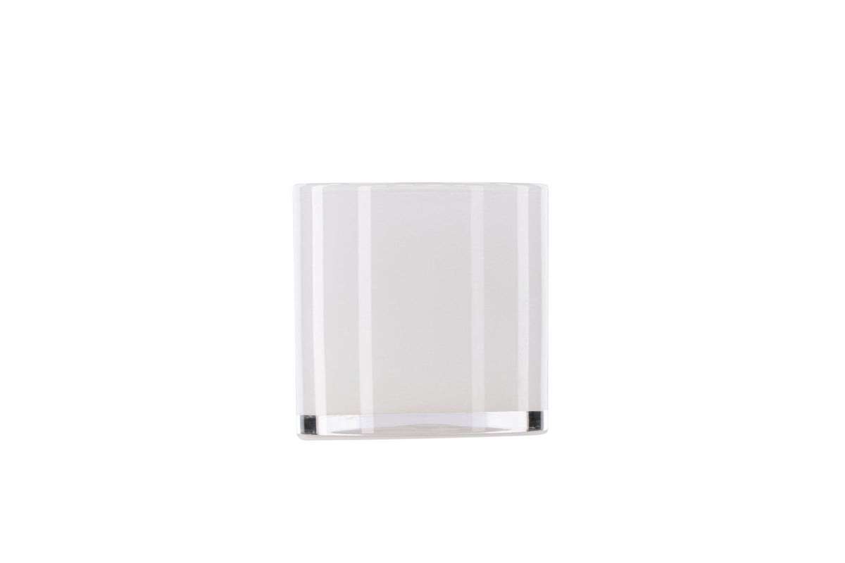 Weisser runder Teelichthalter Glora aus Glas, Durchmesser 8 cm, Höhe 8 cm, schlichte, transparente Oberfläche mit dünner Wandstärke.