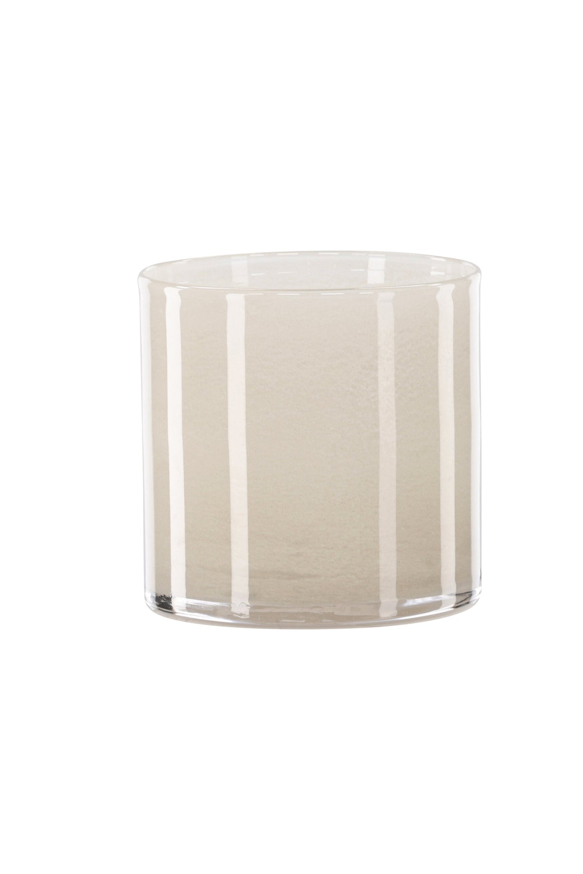 Weisser runder Teelichthalter Glora aus Glas, Durchmesser 8 cm, Höhe 8 cm, schlichte, transparente Oberfläche mit dünner Wandstärke.