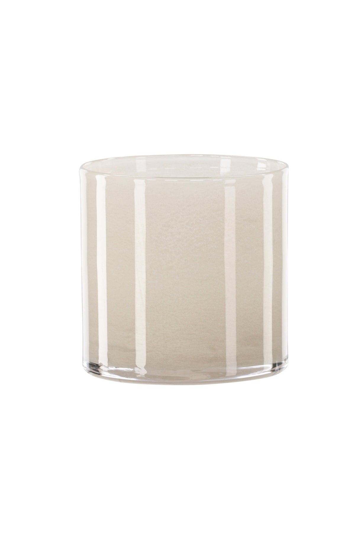 Weisser runder Teelichthalter Glora aus Glas, Durchmesser 8 cm, Höhe 8 cm, schlichte, transparente Oberfläche mit dünner Wandstärke.