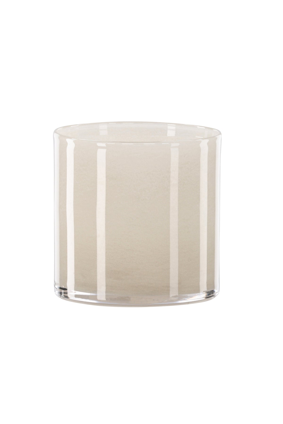 Weisser runder Teelichthalter Glora aus Glas, Durchmesser 8 cm, Höhe 8 cm, schlichte, transparente Oberfläche mit dünner Wandstärke.