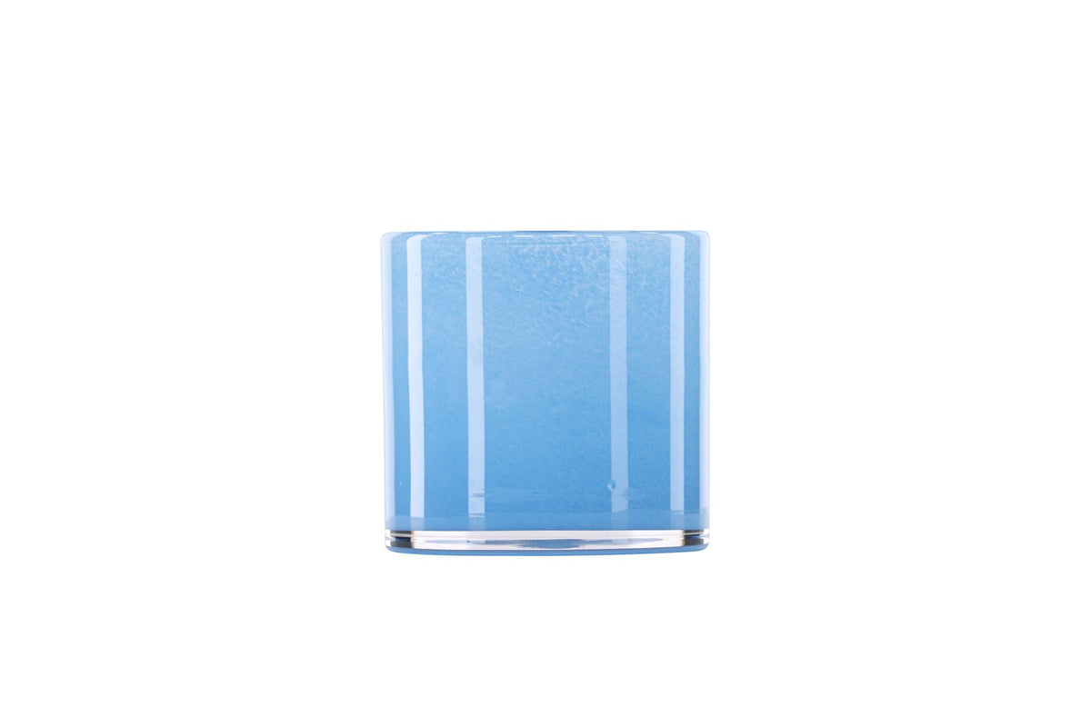 Weisser runder Teelichthalter Glora aus Glas, Durchmesser 8 cm, Höhe 8 cm, schlichte, transparente Oberfläche mit dünner Wandstärke.