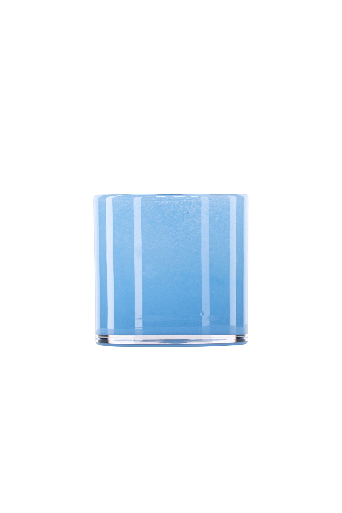 Weisser runder Teelichthalter Glora aus Glas, Durchmesser 8 cm, Höhe 8 cm, schlichte, transparente Oberfläche mit dünner Wandstärke.