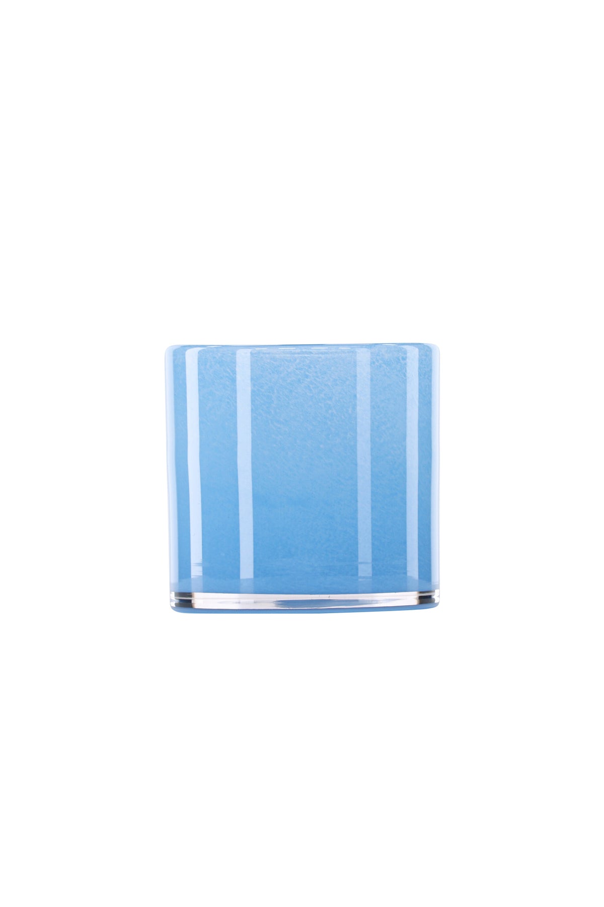 Weisser runder Teelichthalter Glora aus Glas, Durchmesser 8 cm, Höhe 8 cm, schlichte, transparente Oberfläche mit dünner Wandstärke.